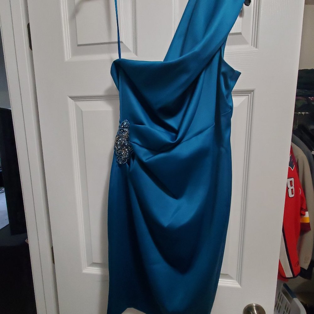 One shoulder turquoise cocktail dress